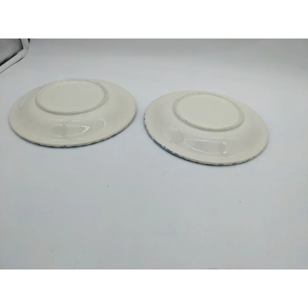 Bentson West Splatter Spongeware 8 Salad‎ Dessert Plates Blue White Cottage 2pc